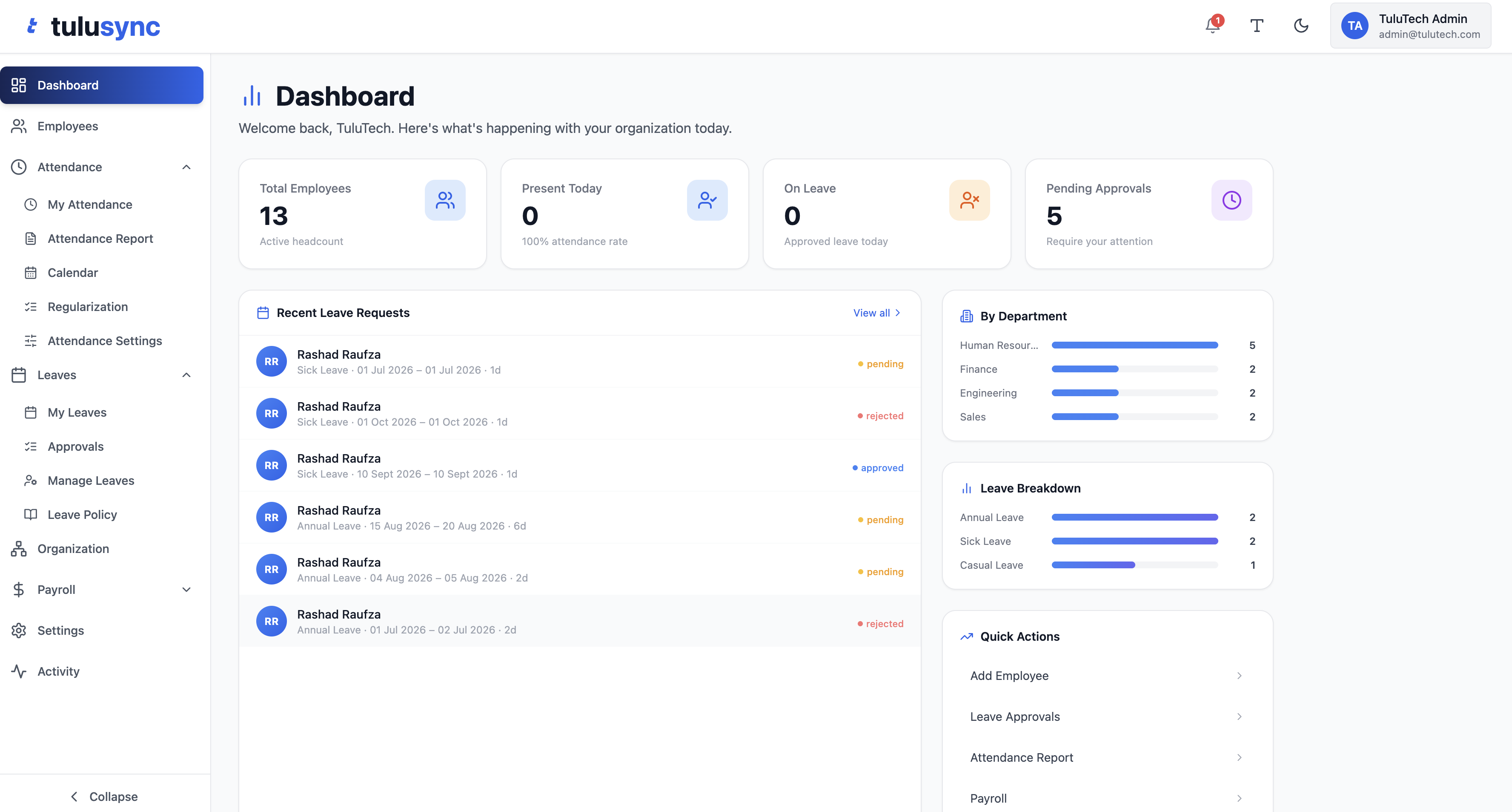 TuluSync dashboard showing employee management, leave requests, and attendance tracking